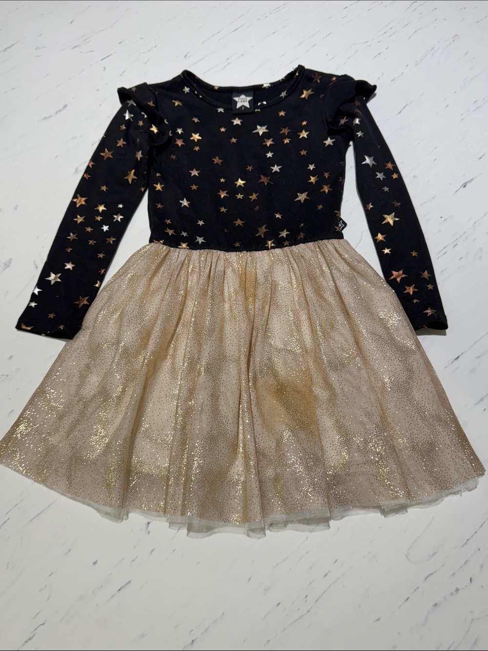 Pixielane Girls Black and Gold Star Tulle Dress 2T LIKE NEW